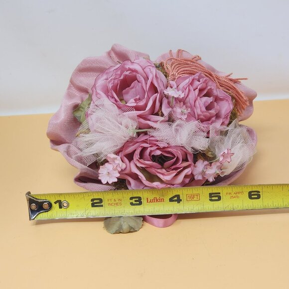 Vintage Musical Floral Tapestry Wall Cone With Pink Fabric Roses & Tassel Decor - Picture 9 of 9